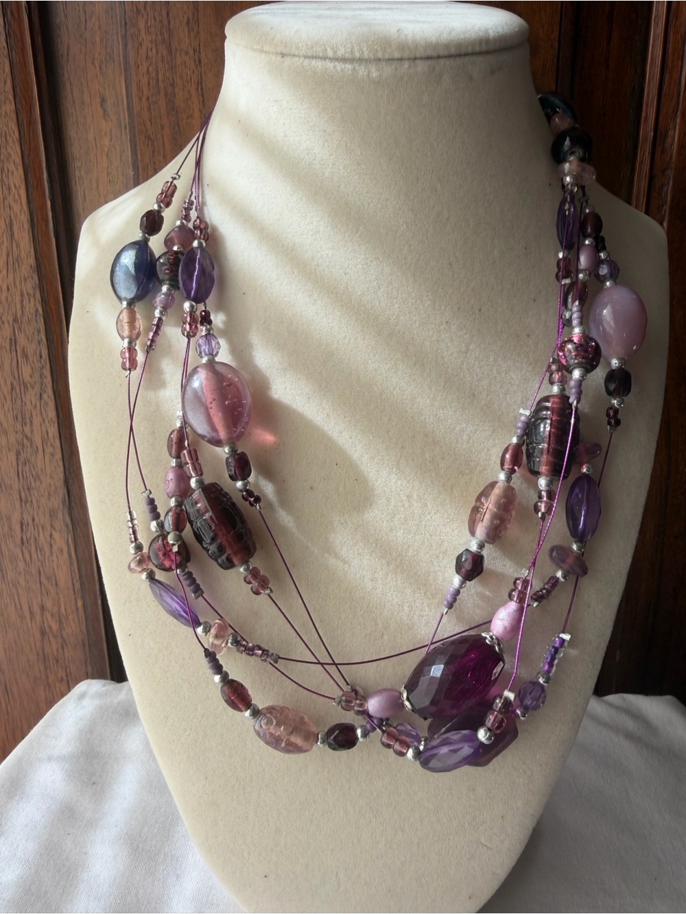 Purple Multi Strand Faceted Bead Statement Necklace Plum Lavender Pink